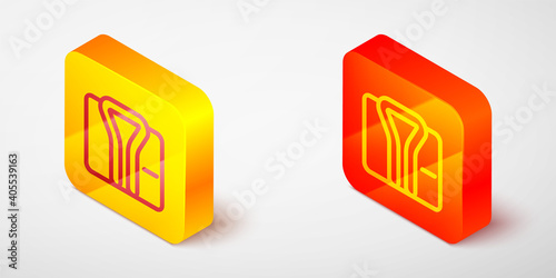 Isometric line Bathrobe icon isolated on grey background. Yellow and orange square button. Vector.