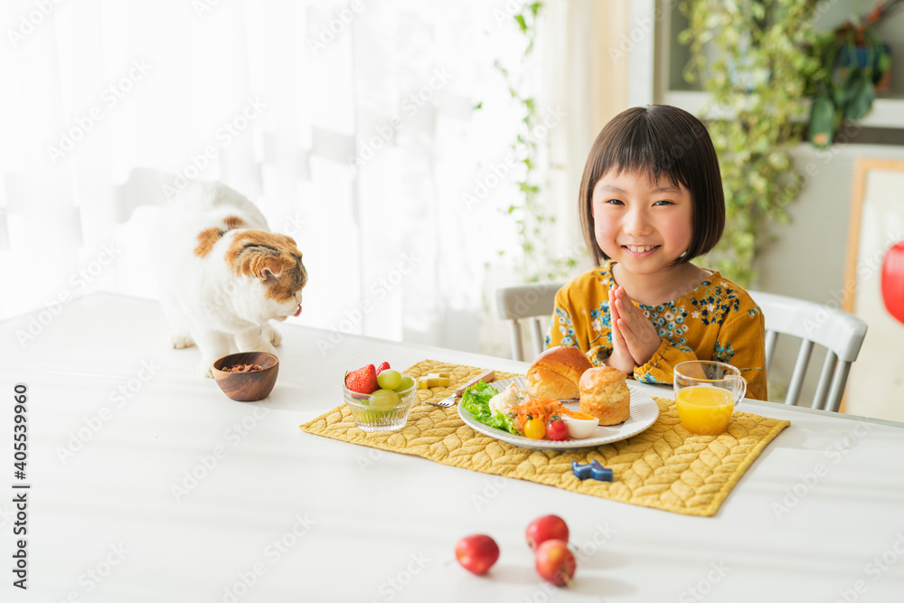 朝食をとる女の子と猫