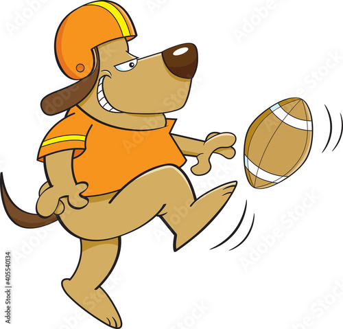 Cartoon illustration of a dog wearing a football uniform kicking a football.