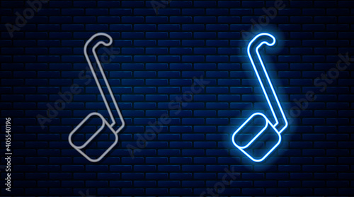 Glowing neon line Sauna ladle icon isolated on brick wall background. Vector.