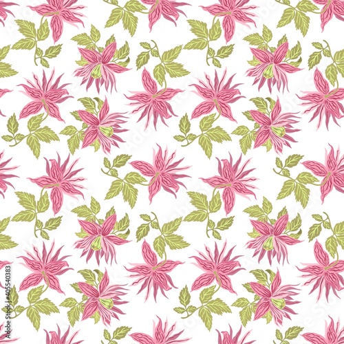 Vector illustration of exotic pink flowers and leaves. Floral pattern. White background. Suitable for fabric, wallpaper, notebooks, diaries, brochures, books, posters, backgrounds, covers, textiles