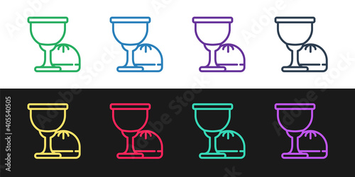 Set line Holy grail or chalice icon isolated on black and white background. Christian chalice. Christianity icon. Vector.