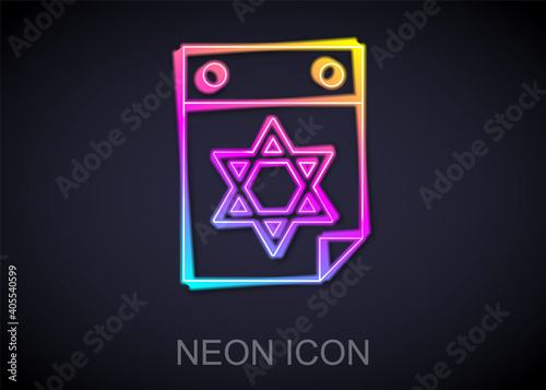 Glowing neon line Jewish calendar with star of david icon isolated on black background. Hanukkah calendar day. Vector.