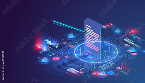 Digital smart contract, isometric icon concept of electronic signature, blockchain technology crypto. Online e-contract document. Can use for web banner. Vector illustration