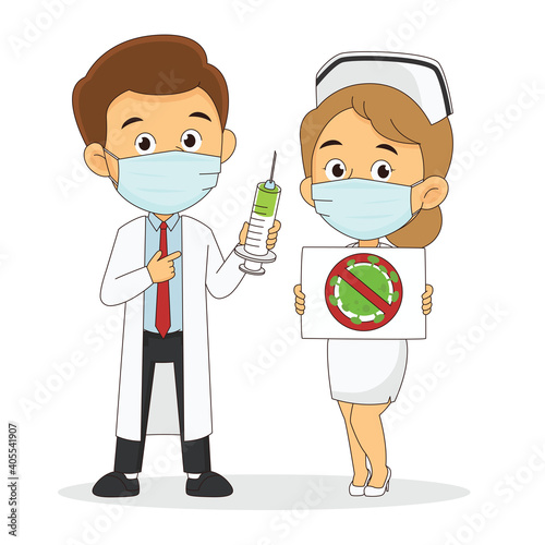 Cartoon doctor holding a vaccine protective with anti virus