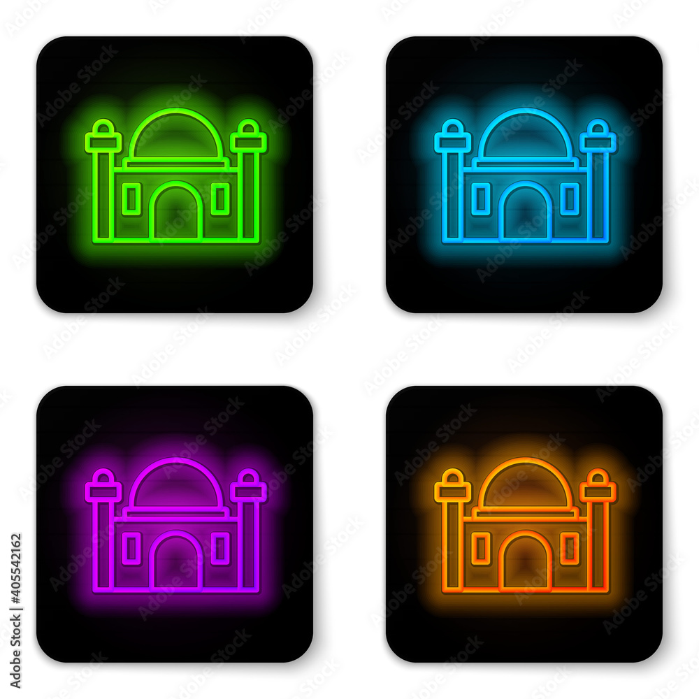 Glowing neon line Muslim Mosque icon isolated on white background. Black square button. Vector.