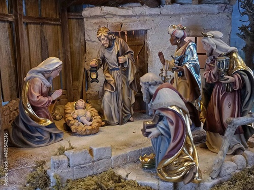 Foto Weihnachtskrippe ländlich, Krippenszene, ländliche Weihnachtskrippe, Krippe, Jeu