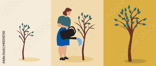 Tree growth progress, woman watering or fertilizing in garden, flat vector stock illustration as plant care concept