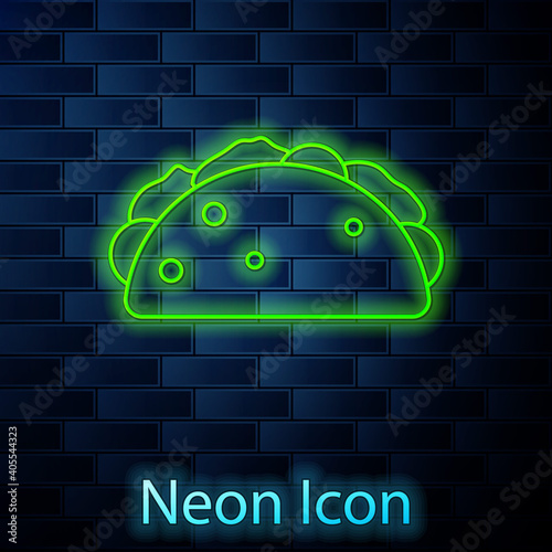 Glowing neon line Taco with tortilla icon isolated on brick wall background. Traditional mexican fast food menu. Vector.