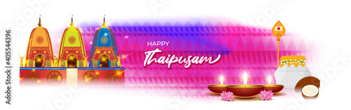 Vector illustration concept of Happy Thaipusam or Thaipoosam greeting with celebrating people, milk pot, spear, diya, coconut. Traditional Tamil Hindu Festival.  photo