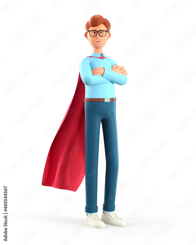 custom made wallpaper toronto digital3D illustration of standing man in superhero cape with arms crossed. Cartoon smiling super business leader, isolated on white.