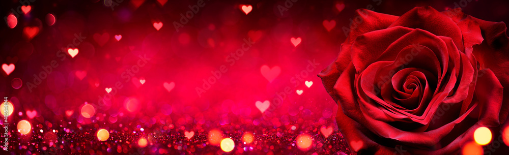 Valentines Card - Red Rose Heart Shaped On Shiny Glitter Background