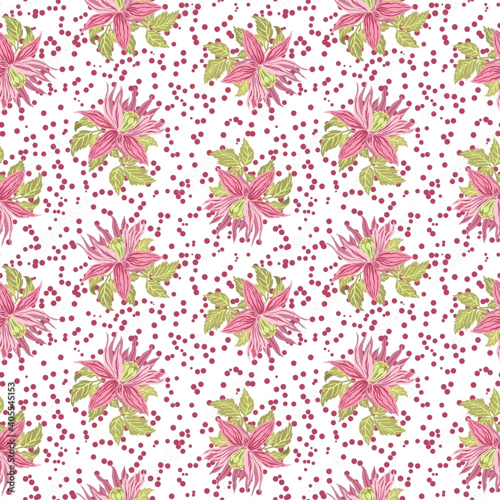 Vector illustration of exotic pink flowers and leaves. Floral pattern. White background. Suitable for fabric, wallpaper, notebooks, diaries, brochures, books, posters, backgrounds, covers, textiles.