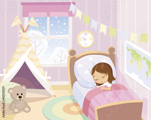 Child wakes up in the morning. Portrait of sleepy baby girl lying in the bed under cover in bedroom with teddy bear. Bed time for kids.Wish her sweet dreams.Get ready for bedtime.Kid prepare go to bed