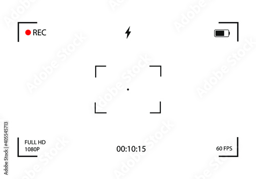 Digital camera video interface.Camera rec viewfinder with digital focus and exposure settings. Screen photography frame. Focusing screen zoom, battery status, video quality. Vector illustration.