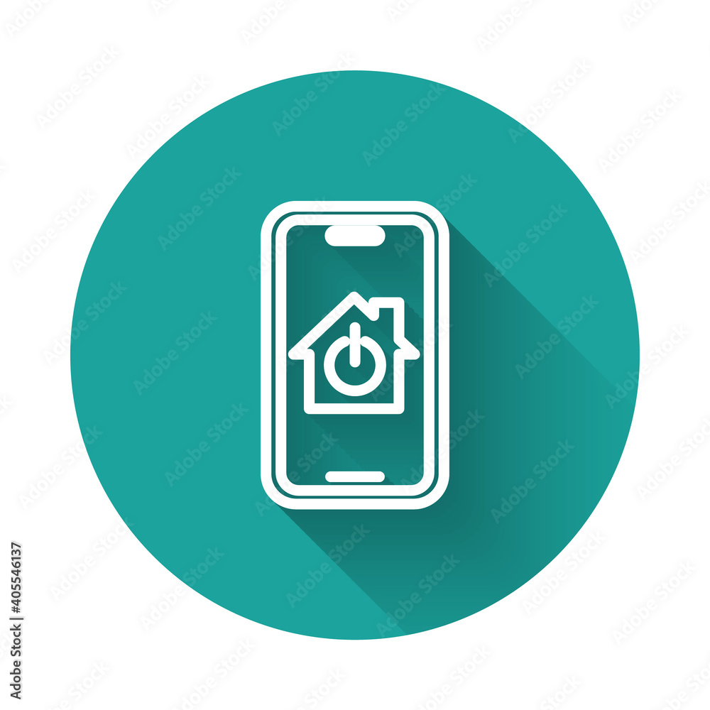 White line Mobile phone with smart home icon isolated with long shadow background. Remote control. Green circle button. Vector. White line Mobile phone with smart home icon isolated with long shadow background. Remote control. Green circle button. Vector.