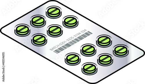 Medicine tablets - 12 large round green pills in a foil blister pack.