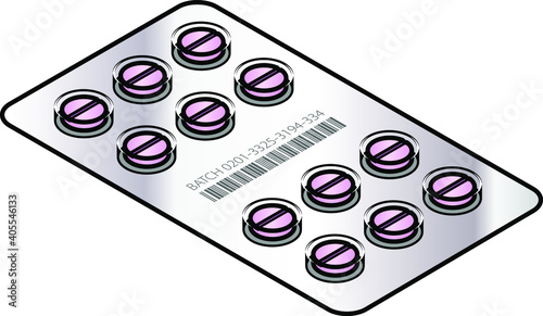 Medicine tablets - 12 large round pink pills in a foil blister pack.