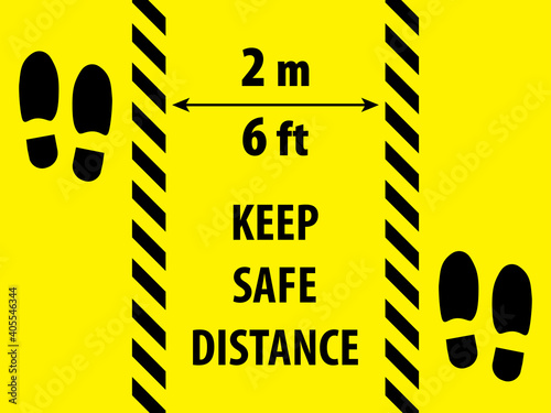 Black and yellow warning tapes  with text Keep Safe Distance  and trace shoes on a yellow background. Social Distance rule. Prevent COVID-19. EPS10.