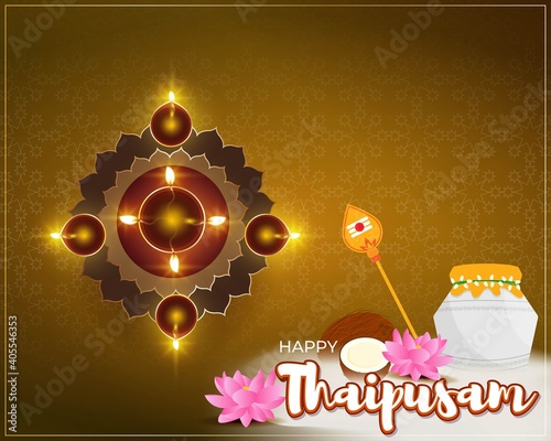 Vector illustration concept of Happy Thaipusam or Thaipoosam greeting with celebrating people, milk pot, spear, diya, coconut. Traditional Tamil Hindu Festival.  photo