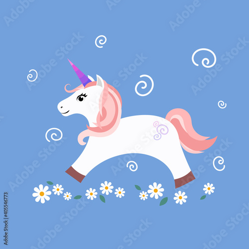 Unicorn. Vector illustration of lovely unicorn among chamomile flowers. Cute cartoon character. Flat design for greeting card