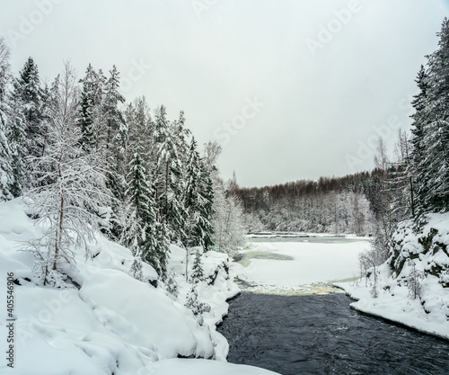 Suna river near the Kivach waterfall among the forest in Karelia, Russia