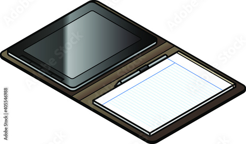 A folio organizer with a tablet computer and a paper notepad.