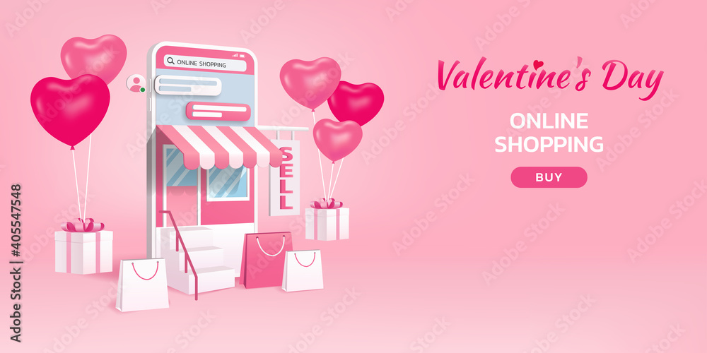 Valentine's day online shopping by smartphone, 3d mobile with shopping bag, chat message, gift box, balloon and delivery on pink background