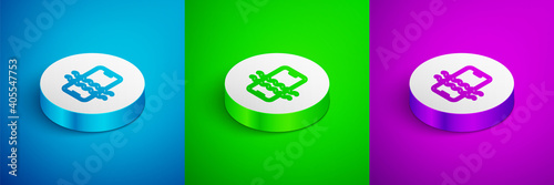 Isometric line Waterproof mobile phone icon isolated on blue, green and purple background. Smartphone with drop of water. White circle button. Vector.