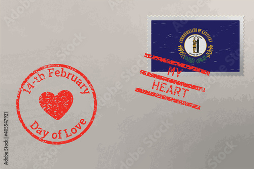 Postage stamp envelope with Kentucky flag and Valentine s Day stamps, vector