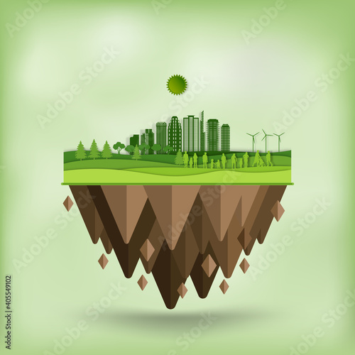 Sunny day landscape illustration in flat style with tent, campfire, mountains and forest. Background for summer town, nature tourism concept.