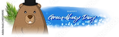 Vector illustration concept of Happy Groundhog Day greeting with cute groundhog coming out from snow covered ground. 2 February.