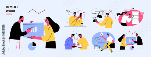 Remote Work concept illustrations. Collection of individual scenes at home office with men and women taking part in business activity. Outline vector illustration.