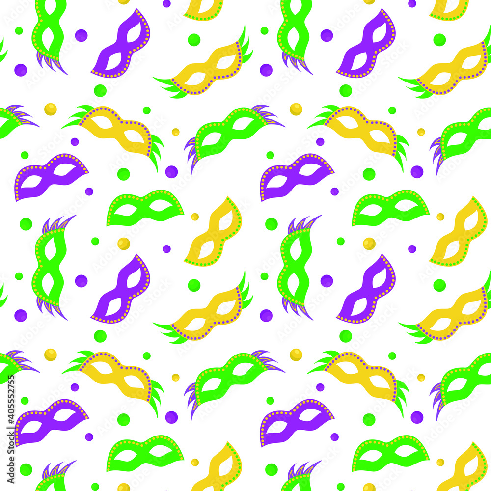 Mardi Gras seamless pattern with carnival masks; holiday background for wrapping paper, greeting cards, posters, banners.