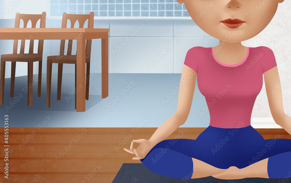 Female yoga in her home.Digital painting illustration of cartoon woman in poses of yoga. Female yoga in her home.Digital painting illustration of cartoon woman in poses of yoga.