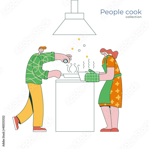 People cooking in kitchen. Young men and women together at home vector illustration. People cook collection in in geometric linear style