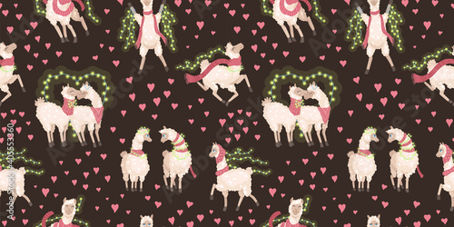 Seamless vector pattern with cute alpacas and hearts. Child illustration with a lama from Peru. In cartoon flat style.