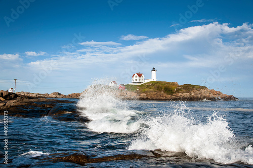 Surf Crashing by Nubble Lighthouse in Maine © alwoodphoto