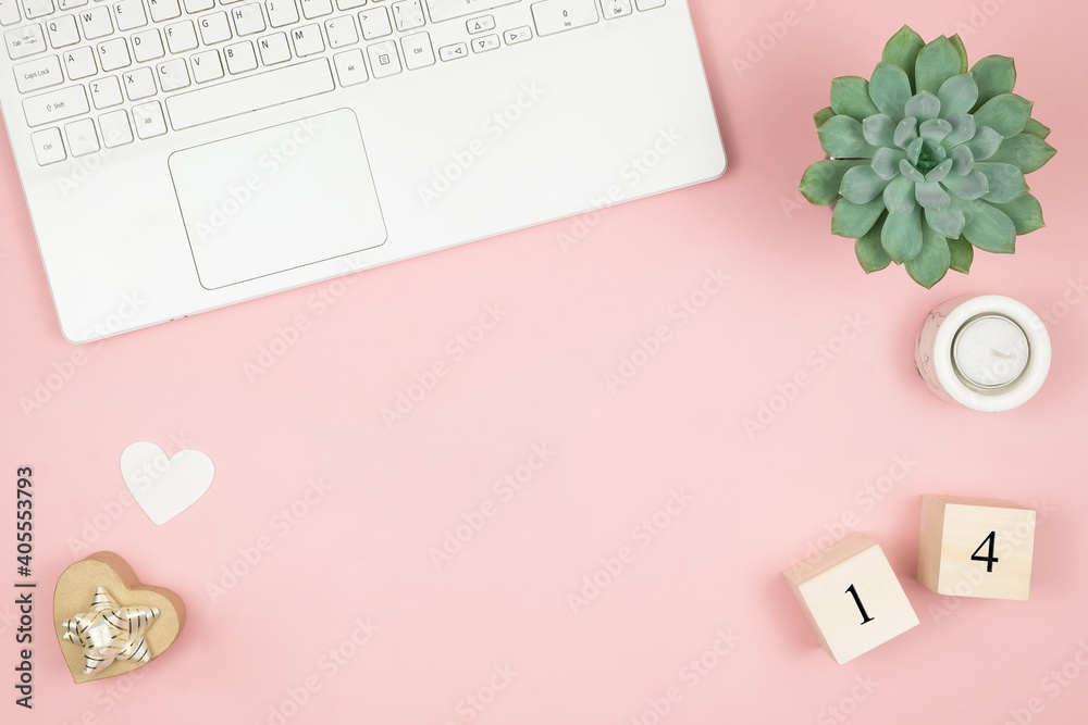 Composition for Valentine's Day February 14th. Delicate pink background, laptop and cosmetics. Greeting card. Flat lay, top view, copy space. Composition for Valentine's Day February 14th. Delicate pink background, laptop and cosmetics. Greeting card. Flat lay, top view, copy space.