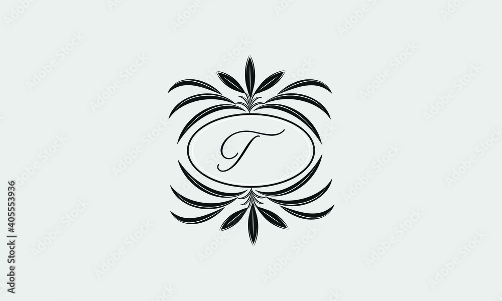 Vector logo design in trendy linear style. Floral monogram with the letter T in the center or space for the text of the letter - an emblem for fashion, beauty and jewelry industry, business