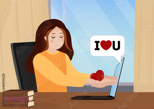 Virtual Valentine's Day. Girl is chatting online via video communication on laptop. Remote dating at a distance during quarantine. Vector flat illustration isolated.