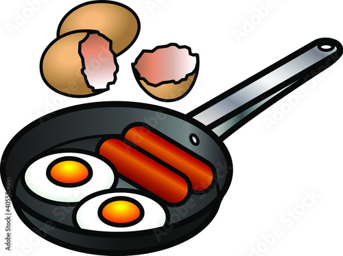 A frying pan with two fried eggs and sausages.