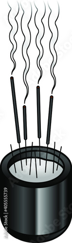 A black ceramic incense bowl with burning black/grey joss sticks.