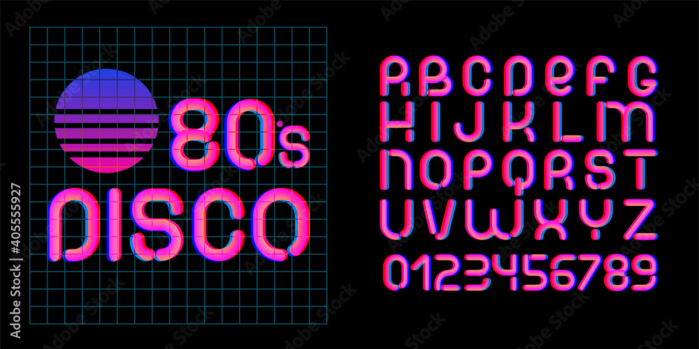 Obraz premium 80s Disco font. Letters of 70s-80s aesthtetics. Vector alphabet in retro futurism style.
