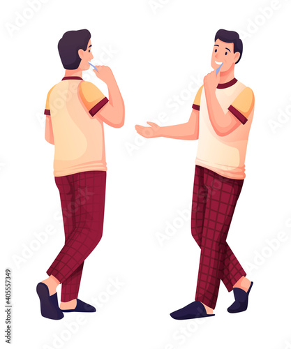 Man brushing teeth. Person in pajamas in restroom or washroom vector illustration. Young happy guy smiling and holding toothbrush isolated on white background. Front and back view