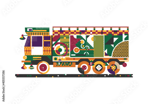 Geometric indian jingle truck. Decorated truck on a white background. Flat vector.