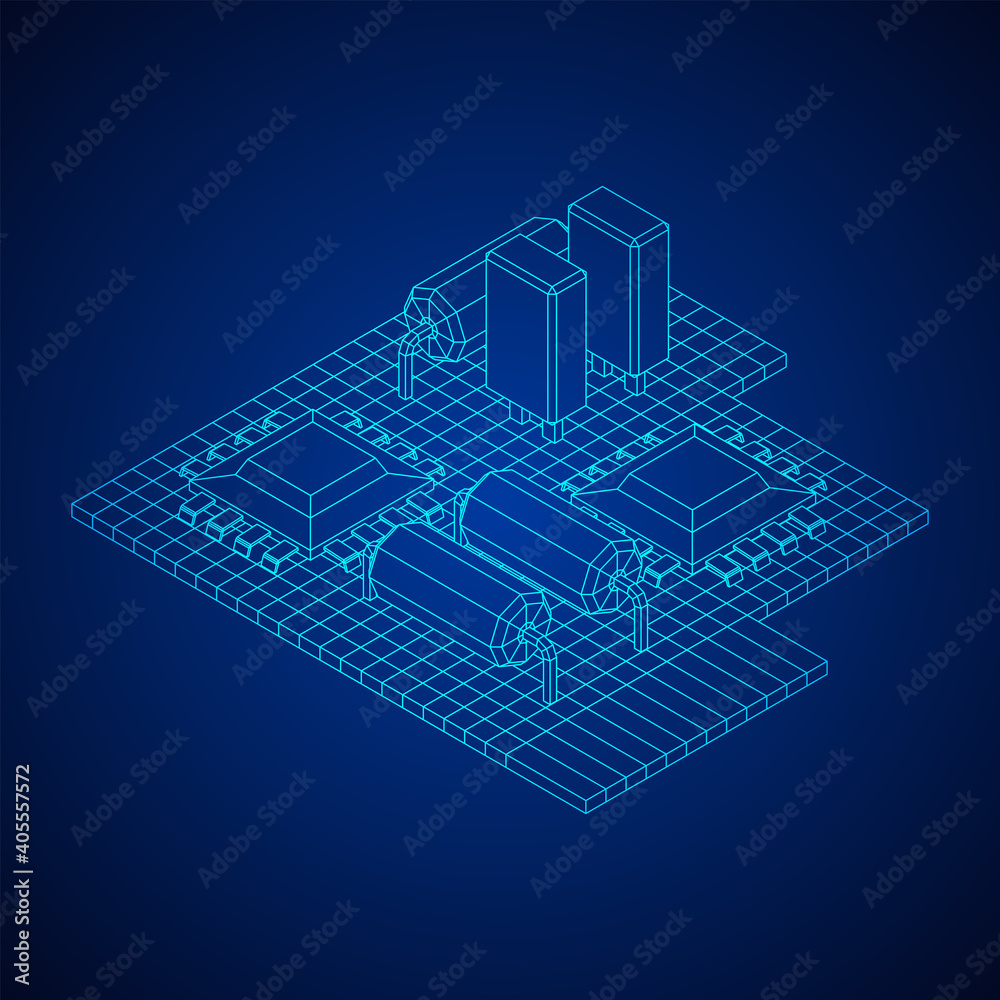 Circuit board. Electronic computer components motherboard. Semiconductor microchip, diode. Hardware parts. Wireframe low poly mesh vector illustration.