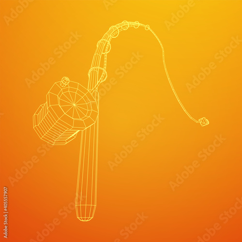 Fishing rod with line sinker and hook. Wireframe low poly mesh vector illustration.