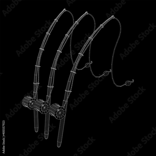 Fishing rod with line sinker and hook. Wireframe low poly mesh vector illustration.