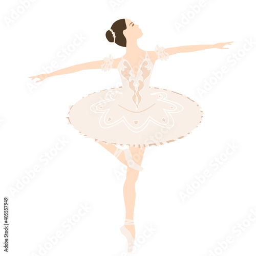 Ballerina in tutu lacedress, pointe shoes, dancing and posing, vector ballet